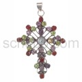 Anh�nger Kreuz, Granate, Amethyste, Peridote und Aquamarine, Fac