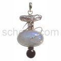 Pendant, moonstone, with mother-of-pearl and onyx