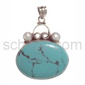 Pendant, turquoise with pearls, oval