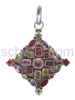 Pendant, garnet, amethysts and peridots, rectangular