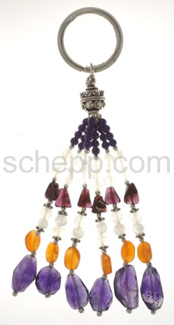 Key pendant with silver pearls and semi-precious stones