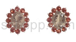 Ear studs, facet cut smoky quartz and rubies