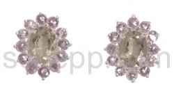 Ear studs, facet cut smoky quartz and amethysts