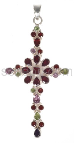 Pendant cross, facet cut garnets, amethysts and peridots