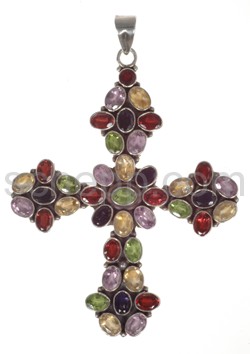 Anhnger Kreuz, Granate, Amethyste, Peridote, Iolithe und Citrin