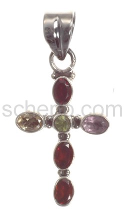 Anhnger Kreuz, Granate, Amethyste und Peridote, Facettenschliff