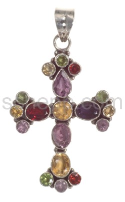 Pendant cross, facet cut garnets, amethysts, peridots, lolites a