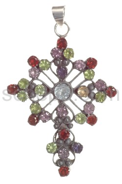 Pendant cross, facet cut garnets, amethysts, peridots and aquama