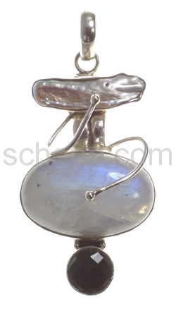 Pendant, moonstone, with mother-of-pearl and onyx