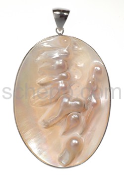 Pendant, mother-of-pearl shell with pearl enclosures