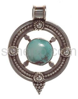 Pendant, turquoise, round with ornaments