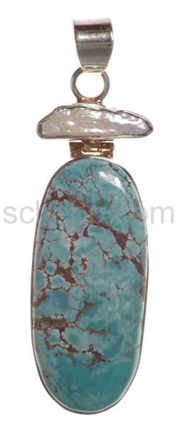 Pendant, turquoise with mother-of-pearl, oval