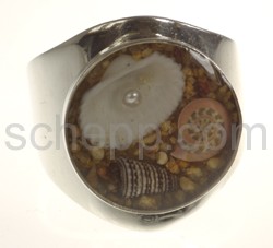 Ring with genuine shells in synthetic resin, round