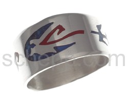 Ring mit Kokopelli und Lebensbaum, farbige Intarsie